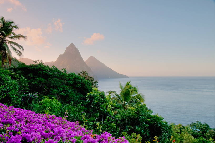 St. Lucia's Twin Pitons at Sunrise